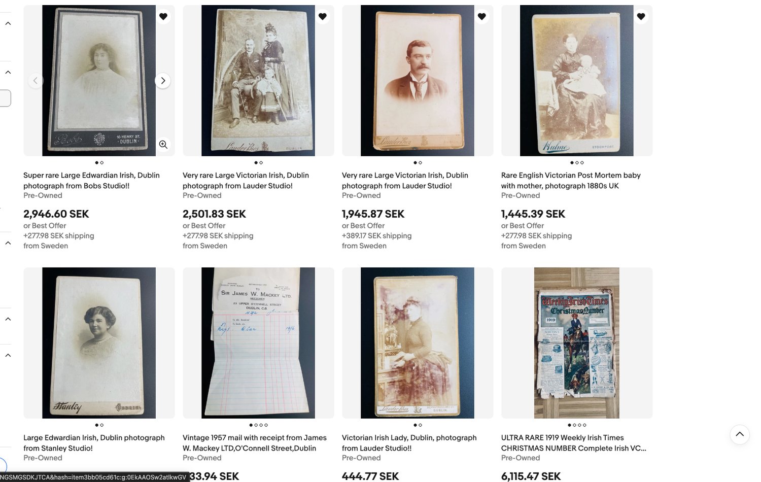 Our eBay listings showing Edwardian Irish photographs, Victorian Dublin studio photography, historical paper and Irish antiquarian books